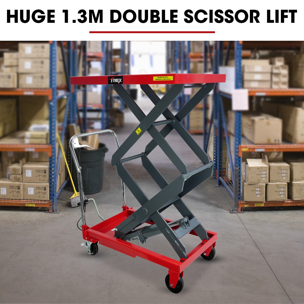 T-REX 300KG Hydraulic High Lift Double Scissor Trolley, 1.3M Max Platform Hgt, Heavy-Duty, for Material Handling