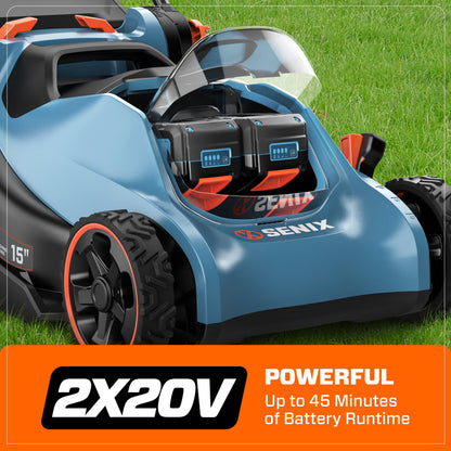SENIX LPPX2-M4 15" 40V Battery Powered Push Walk-Behind Lawn Mower, Mulching and Bagging, 6-Position Height Adjustment, Brushless Motor, Cordless