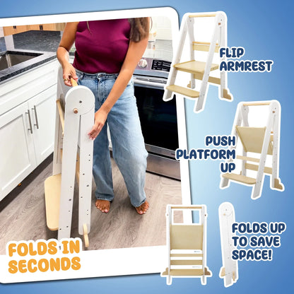 2026 NewHARPPA Foldable Toddler Kitchen Tower, Standing Tower for Kids Age 1.5-6 Years, White