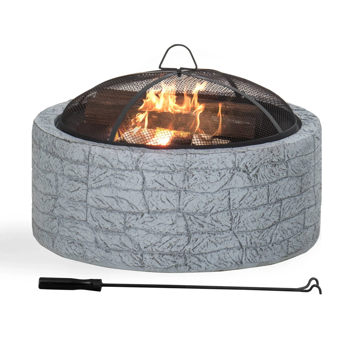 2026 NewSunjoy Stone Fire Pit 26 Inch, Outdoor Round Wood Burning Fire Pits with Spark Screen and Poker Grey
