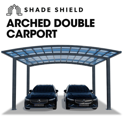 SHADE SHIELD Arched Double Carport 6.0m x 5.5m x 2.98m, Aluminium Alloy Frame, Polycarbonate Roof, Shelter for Car or Outdoor Living