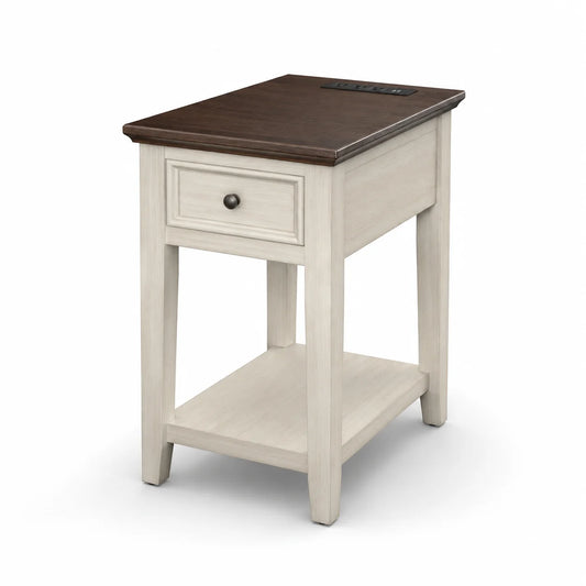 Narrow End Table with USB Charging, Drawer & Shelf, Farmhouse Style