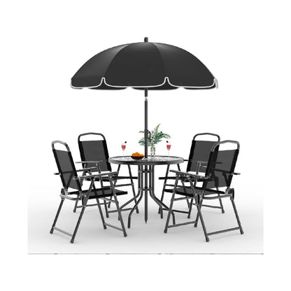 2026 New6 Pieces Outdoor Dining Set With Umbrella, Patio Table and 4 Folding Chairs With Umbrella, Garden Patio Furniture Set With Umbrellas, Tempered Glass Top Dining Table