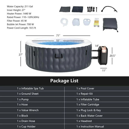 4-Person SaluSpa Inflatable Hot Tub Spa with 108 Massage Bubble Jets, Air Pump, Filter Cartridge & Cover, Portable Outdoor Blow Up Spa