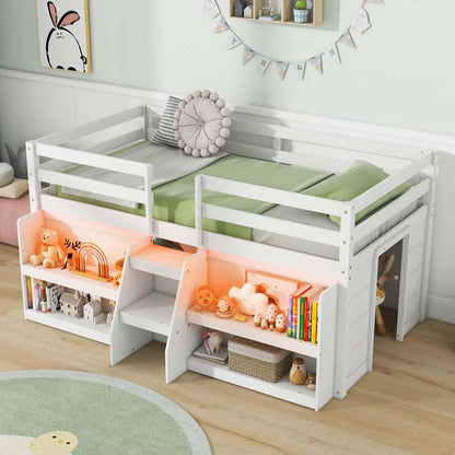 Kids Twin Size Loft Bed with LED Lights, Stairs & Safety Guardrail, Storage Bookcase and Under-bed Play Space