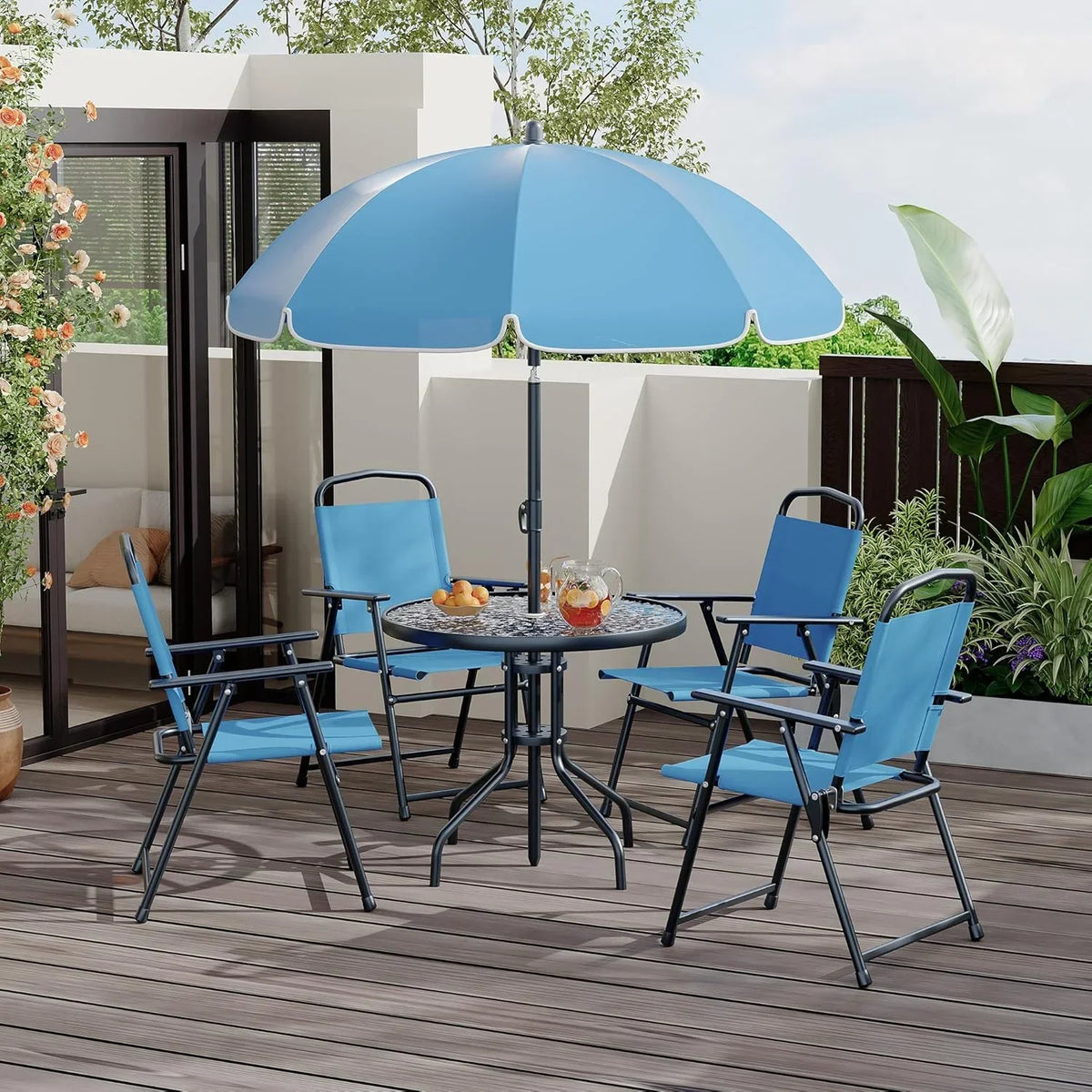 2026 New6 Pieces Outdoor Dining Set With Umbrella, Patio Table and 4 Folding Chairs With Umbrella, Garden Patio Furniture Set With Umbrellas, Tempered Glass Top Dining Table