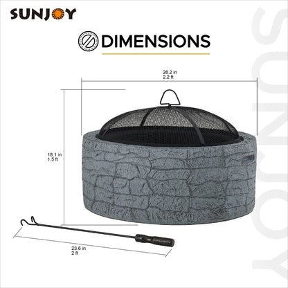 2026 NewSunjoy Stone Fire Pit 26 Inch, Outdoor Round Wood Burning Fire Pits with Spark Screen and Poker Grey