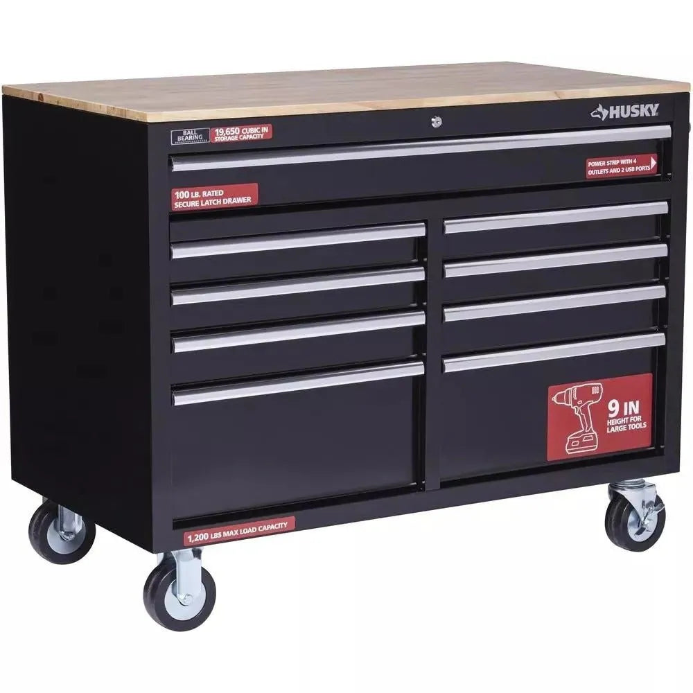 46 in. W x 24 in. D 9-Drawer Gloss Black Deep Tool Chest Mobile Workbench