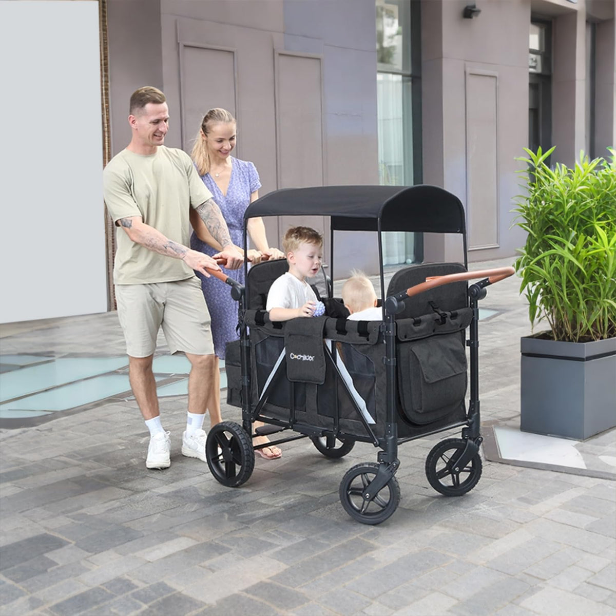All-Terrain 4 Seater Wagon Stroller for Kids - Heavy-Duty 300lb Capacity, One-Hand Fold Design, High Seats with 5-Point Harness, Adjustable Canopy and Handlebars, Light Grey