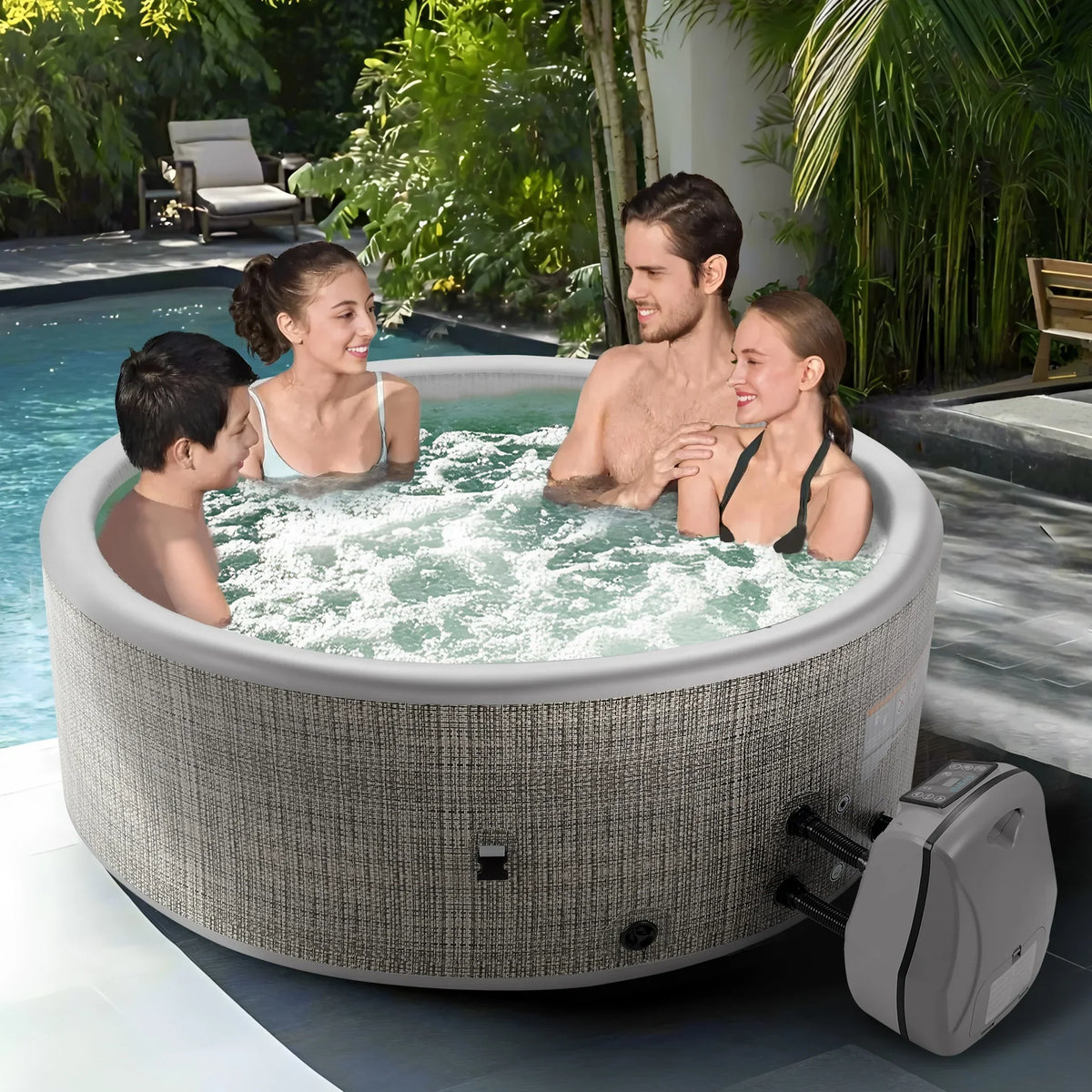 2026 NewRound Hot Tub Surround Furniture, Spa Surround Outdoor Rattan Sectional Sofa Set with Mini Sofa, Solid Acacia Wood Hot Tub Storage Surround Patio Furniture Set, Gray Cushion