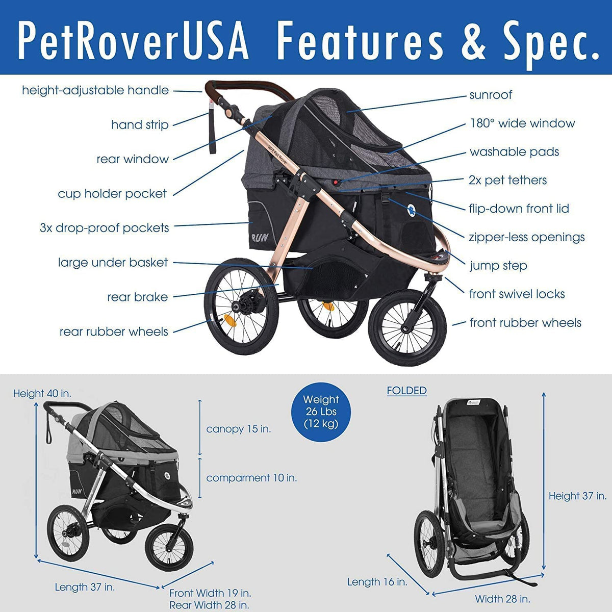 Jogging Sports Stroller with Comfort Rubber Wheels/Zipper-Less Entry/1-Hand Quick Fold/Aluminum Frame for Small/Medium Dogs, Cats and Pets (Green Camo)