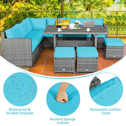 7 Pcs Rattan Patio Dining Furniture Sectional Sofa Set with Dining Table, Ottomans & Cushions