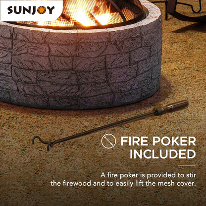 2026 NewSunjoy Stone Fire Pit 26 Inch, Outdoor Round Wood Burning Fire Pits with Spark Screen and Poker Grey