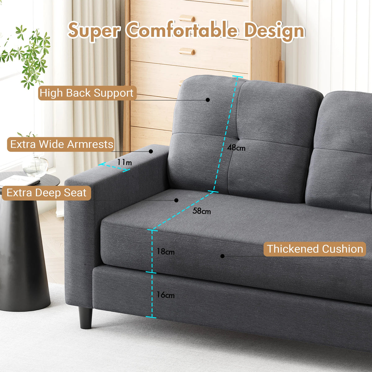 2-Seater Sofa 132cm Loveseat Sofa Dark Grey